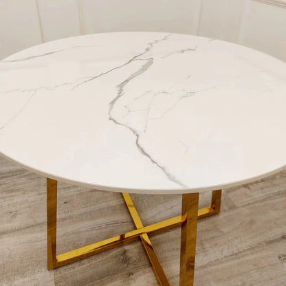 Jalo Gold 90cm Round Dining Table with Polar White Sintered Stone Top